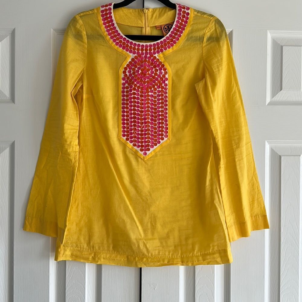 Tory Burch Yellow Embellished Tunic Top Sequin Neck Cotton Size 4
